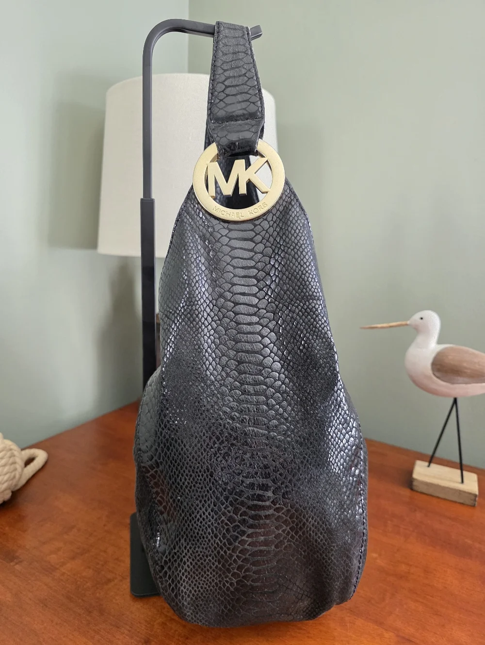 Michael Kors Slouchy Hobo Black Python Embossed Leather Shoulder Bag